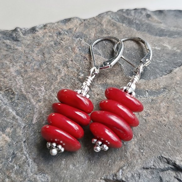Red Coral Earrings Sterling Silver Leverback Hooks - Picture 1 of 11